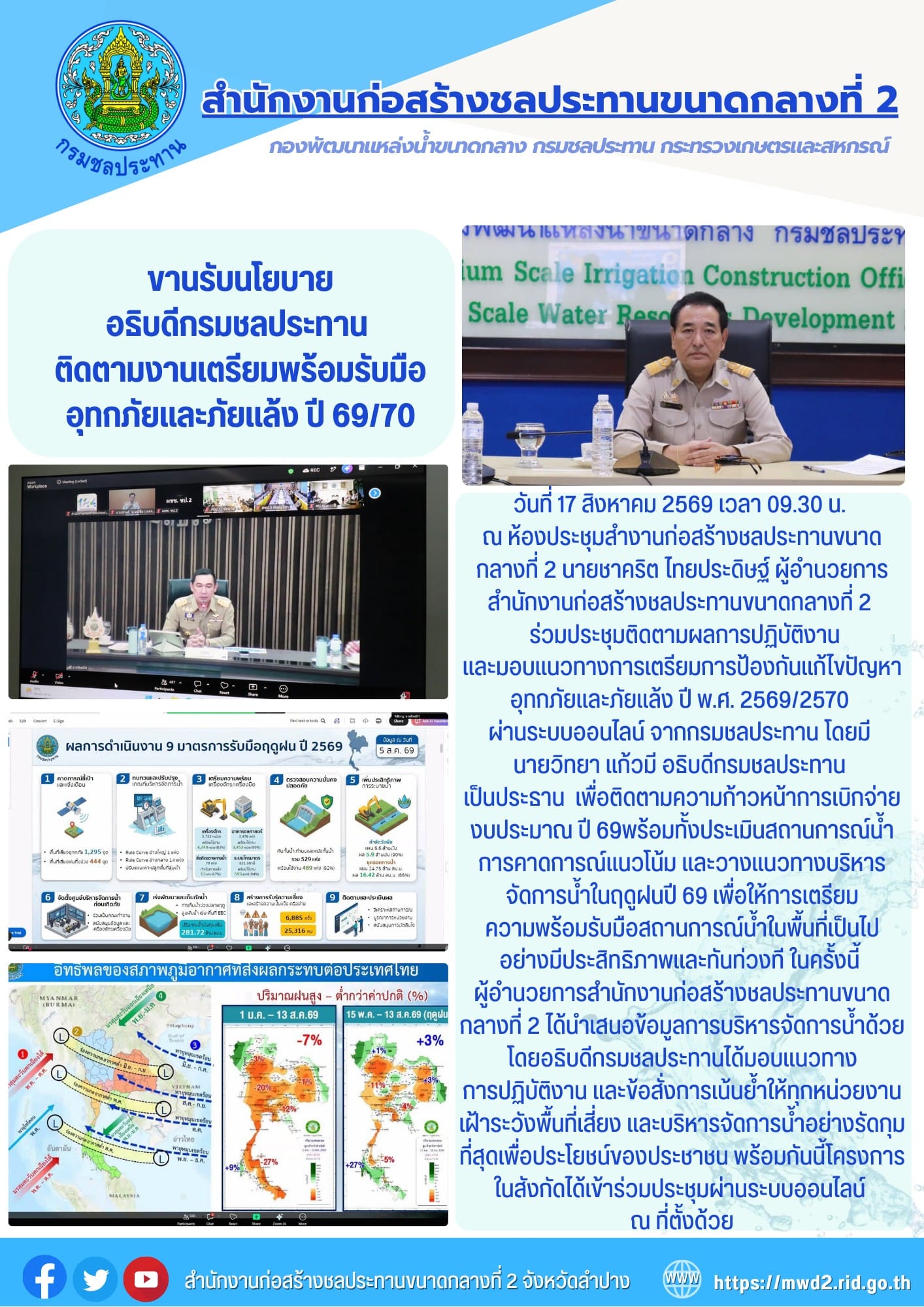 สำนักงานก่อสร้างชลประทานขนาดกลางที่ 2 ขานรับนโยบาย อธิบดีกรมชลประทาน ติดตามงานเตรียมพร้อมรับมืออุทกภัยและภัยแล้ง ปี 69/70
