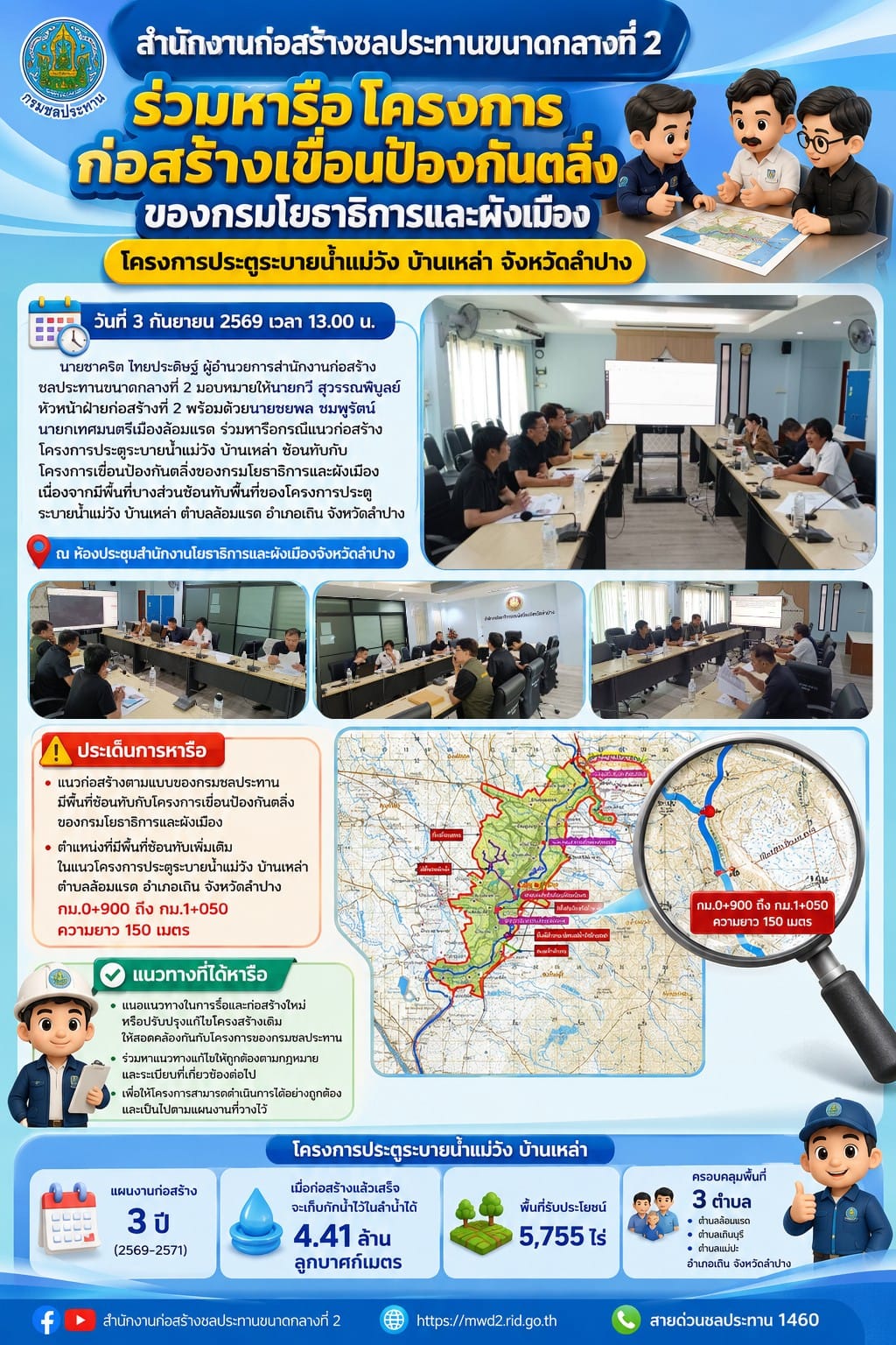 สำนักงานก่อสร้างชลประทานขนาดกลางที่ 2 ร่วมหารือโครงการก่อสร้างเขื่อนป้องกันตลิ่งของกรมโยธาธิการและผังเมือง โคงการประตูระบายน้ำแม่วัง บ้านเหล่า จังหวัดลำปาง