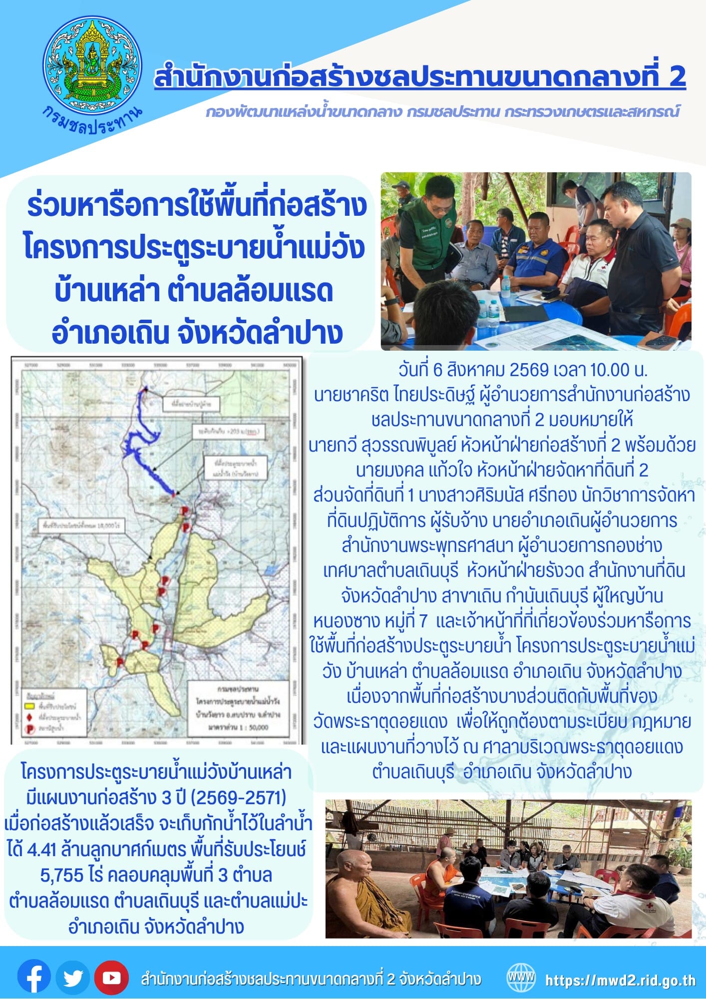 สำนักงานก่อสร้างชลประทานขนาดกลางที่ 2 ร่วมหารือการใช้พื้นที่ก่อสร้าง โครงการประตูระบายน้ำแม่วัง บ้านเหล่า ตำบลล้อมแรด อำเภอเถิน จังหวัดลำปาง